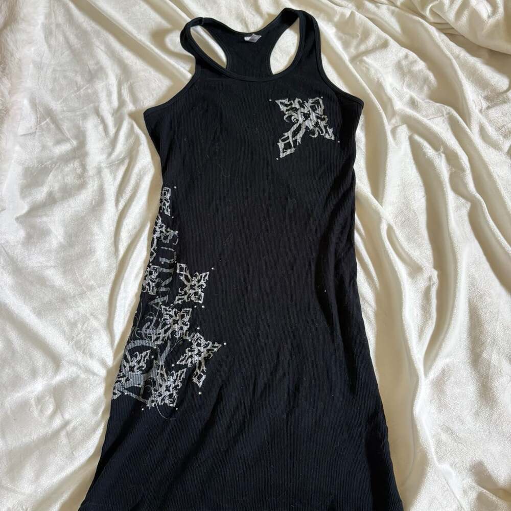 Y2K Grunge Punk Cross Graphic Calligraphy Print Ribbed Tank Mini Dress